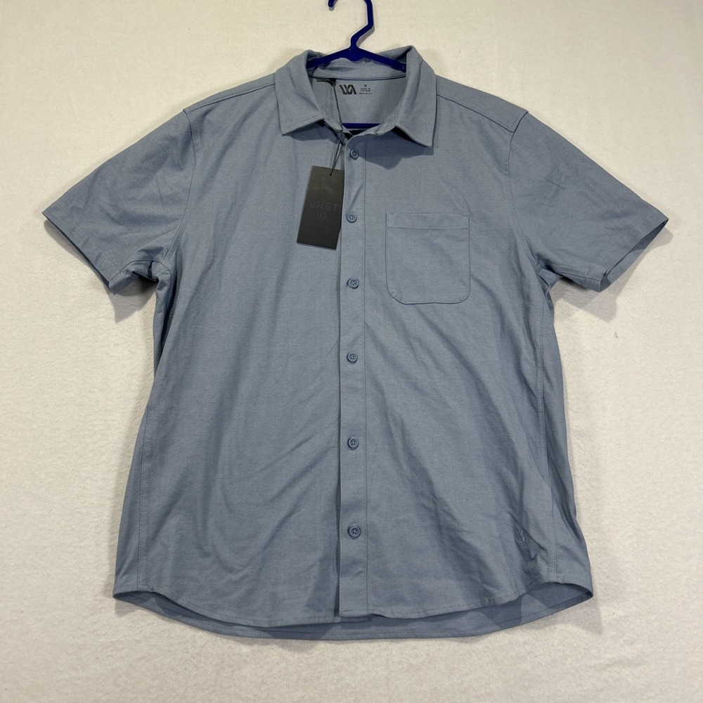 VRST Mens Refined Knit Short Sleeve Button Down Shirt Blue Muted Denim Medium